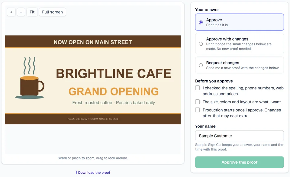 A customer's proof page: the banner they can zoom into, and Approve, Approve with changes or Request changes beside it